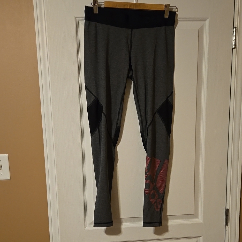 Adidas Gray and Black Leggings with Pink Logo